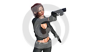 Action girl shooting guns, redhead woman in leather suit holding hand weapons on white background, 3D render
