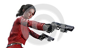 Action girl shooting guns, woman in red leather suit with hand weapons isolated on white background, close up view, 3D render