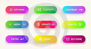 Action gradient button. Learn more web ui navigation buttons, mobile game app, download banner. Vector gradient