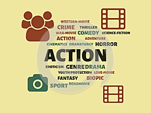 ACTION - image with words associated with the topic MOVIE, word, image, illustration