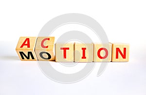 Action or motion symbol. Concept word Motion and Action on wooden cubes. Beautiful white table white background. Business and