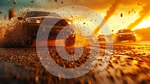 Action-Packed Car Chase on a Road with a Tornado in the Background photo
