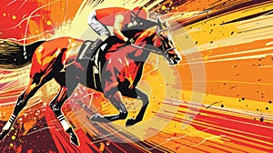 An action-packed portrayal of a jockey racing a horse, rendered in a dynamic pop art style with a burst of vibrant