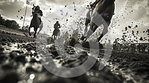 An action-packed scene of hooves thundering down a dirt road at the Kentucky Derby. Flying clods of earth convey the photo