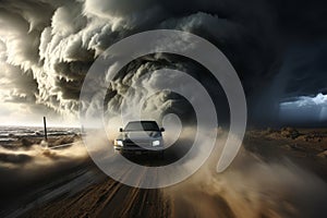 An action-packed shot of storm chasers pursuing extreme weather conditions, capturing the thrill and dedication of those seeking