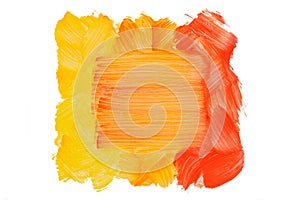 Action painting frame mockup. Abstract Hand-painted yellow and orange art background. Multicolored paint strokes