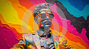 Action Painting Statue With Dark Sunglasses On Colorful Background