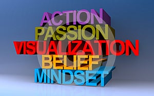action passion visualization belief mindset on blue