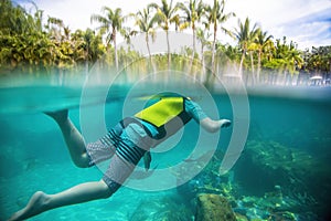Child snorkeling at a tropical resort. Water surface view with stingrays in the water