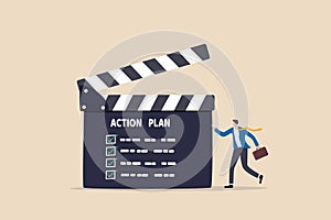 Action plan with checklist step by step of business implementation, procedure or strategy plan to finish project concept,