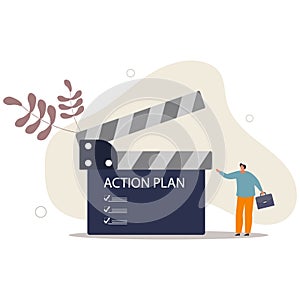 Action plan with checklist step by step of business implementation, procedure or strategy plan to finish project concept.flat