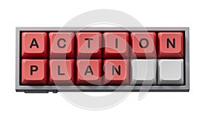 Action plan. Computer keyboard keys spelling.Flat lay view from above on blue background with Computer keyboard keys buttons