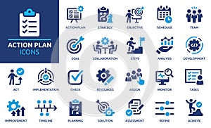 Action plan icon set. Planning, schedule, strategy, analysis, tasks, goal, collaboration, objective. Solid icon collection
