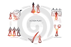 Action plan - strategy, collabororation, check, implementation, objective set concept. photo