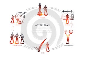 Action plan - strategy, collabororation, check, implementation, objective set concept.