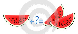Action relationship of addition, examples with slices of watermelon. Educational game for children.