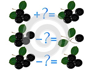Action relationship of addition and subtraction, examples with black chokeberry. Educational games for children.