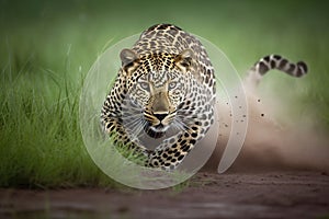 Action scene of a large jaguar running through a grass field chasing a prey. World Wildlife Conservation concept
