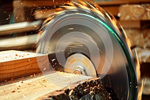 action shot of a circular saw held at an angle, slicing through timber