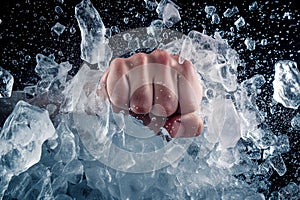 action shot of fist punching into a wall of ice, shards flying