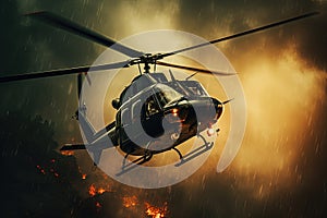 Action shot with helicopter hovering in the air over flame and explosions. Dynamic scene in action movie blockbuster