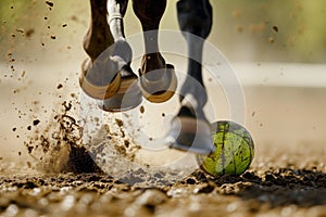 action shot of horse hooves and ball during a fastpaced game