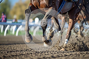 action shot of horse hooves and jockeys whip midrace