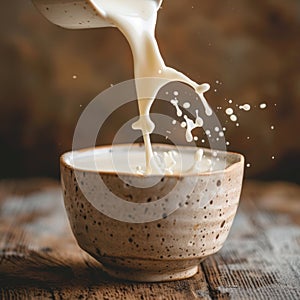 Action shot of milk being poured into a handcrafted ceramic bowl creating a splash.