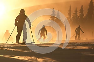 action shot of skiers silhouette in early morning light