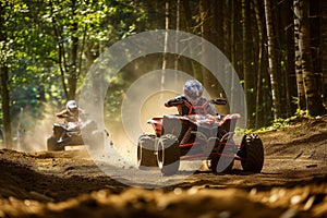 action shot of two atvs racing on a forest track