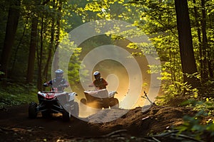 action shot of two atvs racing on a forest track