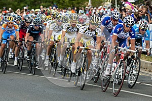 Action from the Tour Down Under as cyclists race along Rundle Street in Adelaide in South Australia.
