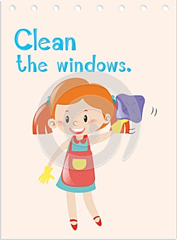 Action verb flashcard with girl cleaning windows