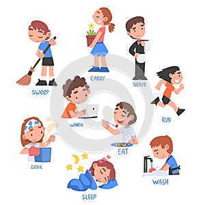 Action Verbs Set, Children Education Concept, Cute Kids Doing Activities Cartoon Style Vector Illustration photo