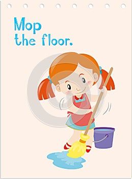 Action wordcard with girl mopping floor