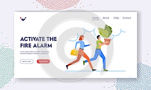 Activate the Fire Alarm Landing Page Template. Office Staff Evacuation during Fire, Businessman and Businesswoman