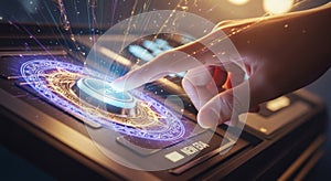 Activating the Future - Hand activating a futuristic control panel
