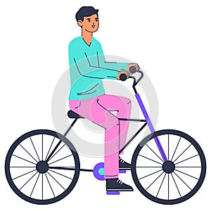 Active bike riding, man riding bicycle. Linear male on bike, young cyclist ride bicycle flat vector illustration on white