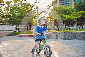 Active blond kid boy driving bicycle in the park near the sea. Toddler child dreaming and having fun on warm summer day. outdoors