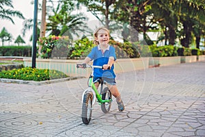 Active blond kid boy driving bicycle in the park near the sea. Toddler child dreaming and having fun on warm summer day. outdoors