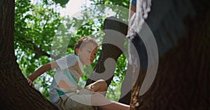 Active boy climb tree in park close up. Brave child sitting on high branch.