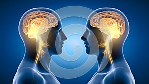 Active brain and energetic vagus nerve, communication, meditation, two men, 3D illustration