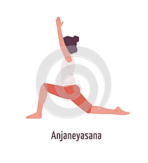 Active cartoon girl demonstrating anjaneyasana pose vector flat illustration. Yogi female practicing Young moon position photo