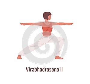 Active cartoon woman practicing virabhadrasana II position isolated on white. Yogi female exercising Hatha yoga Warrior