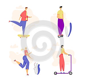 Active Characters on Modern Urban Transport Set. Young Man Riding Skateboard. Outdoor Sport Leisure Roller Skating