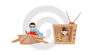 Active Children Playing in Cardboard Airplane and Television Vector Set