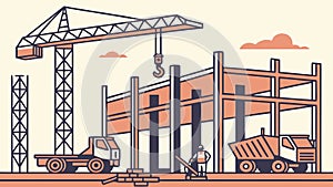 Active Construction Site Crane and Workers Building, vector design Generative AI