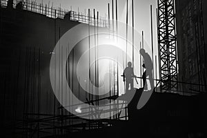 Active construction site with workers, machines, and scaffolding progressing.