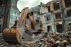 Active construction site with workers, machines, and scaffolding progressing.