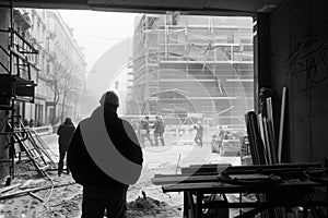 Active construction site with workers, machines, and scaffolding progressing.